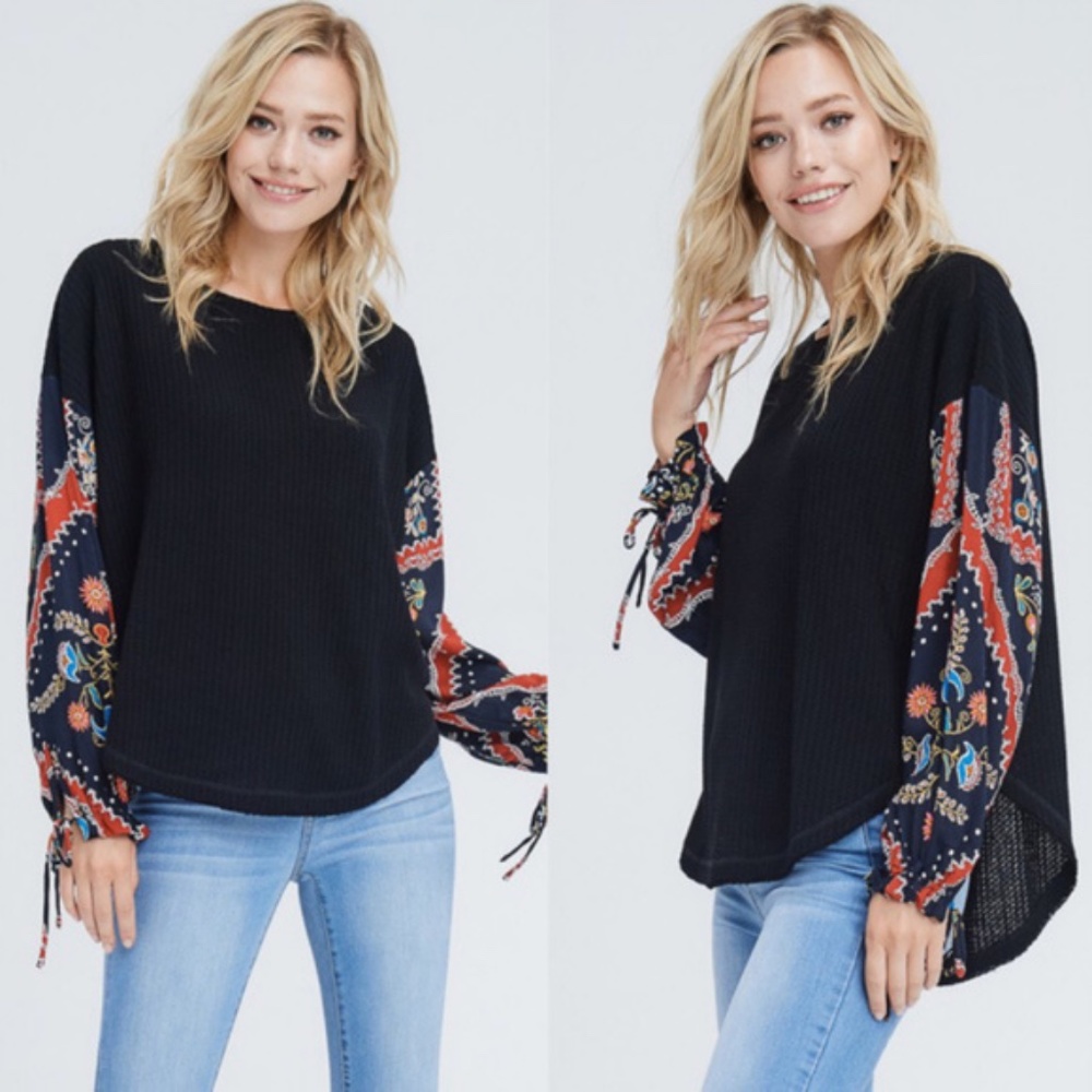 #9 Boho Waffle Print Sleeve Top - Picture 2 of 2
